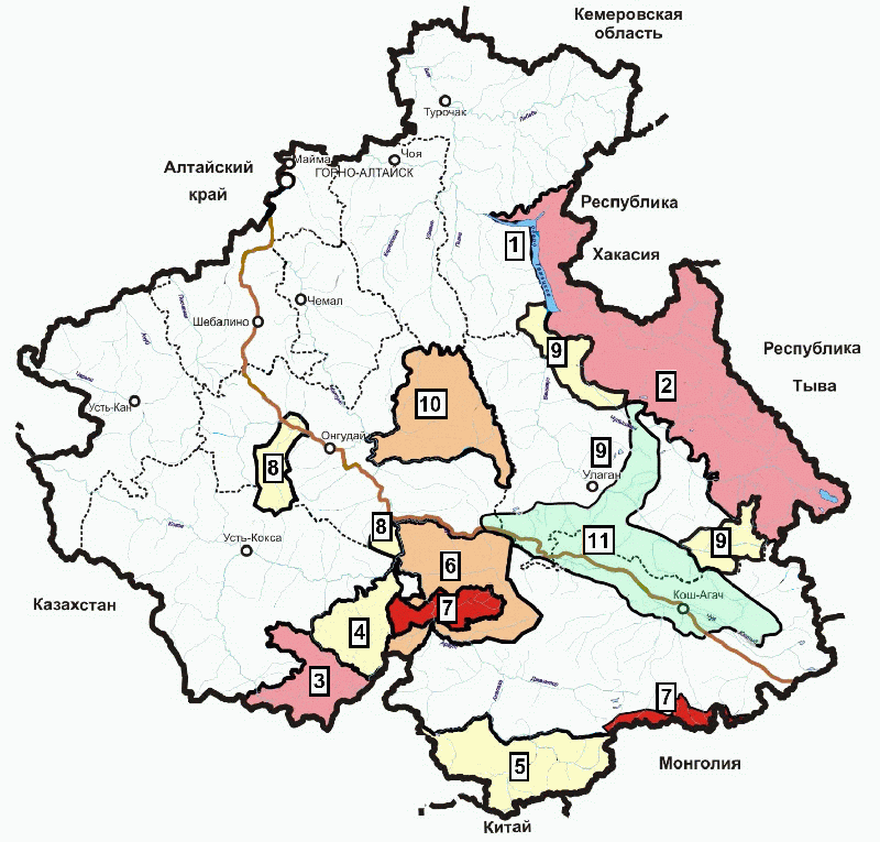 Схема расположения природных зон, охраняемых на Алтае